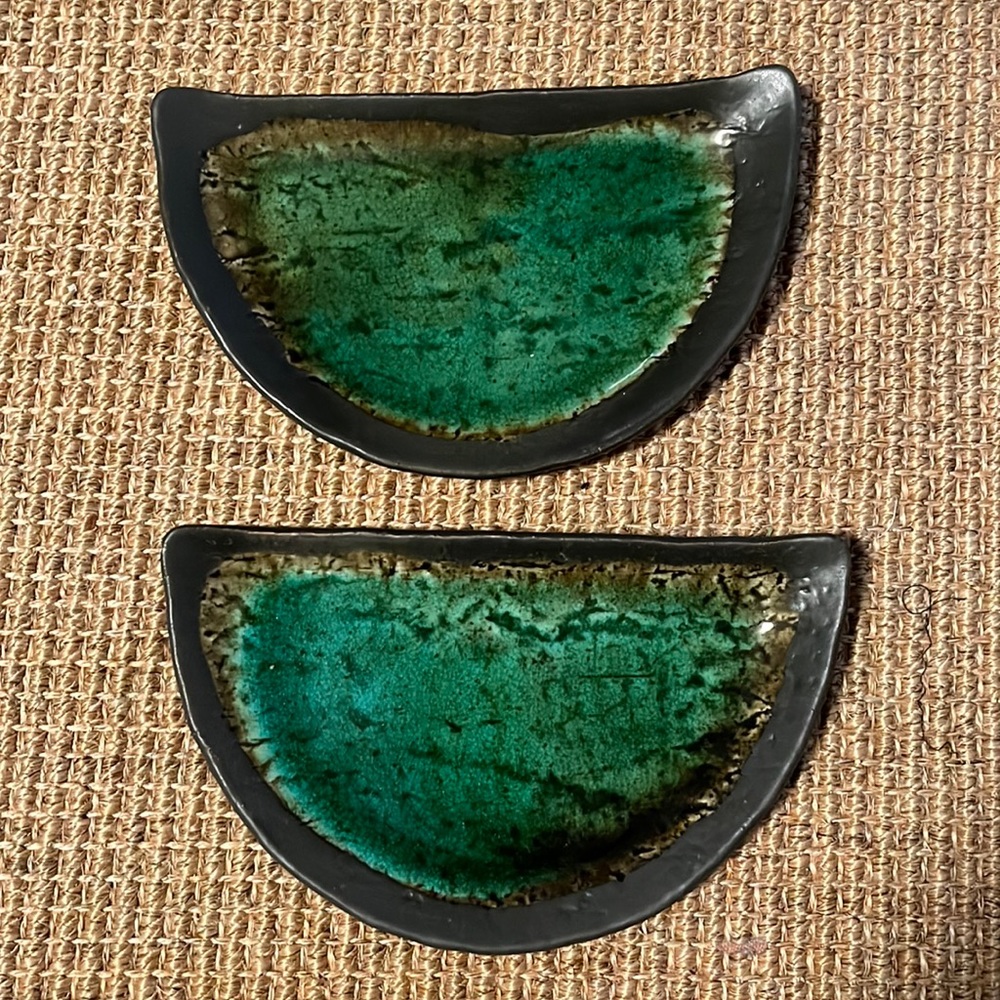 Japanese green ceramic and brown half moon shape plate set of 2
